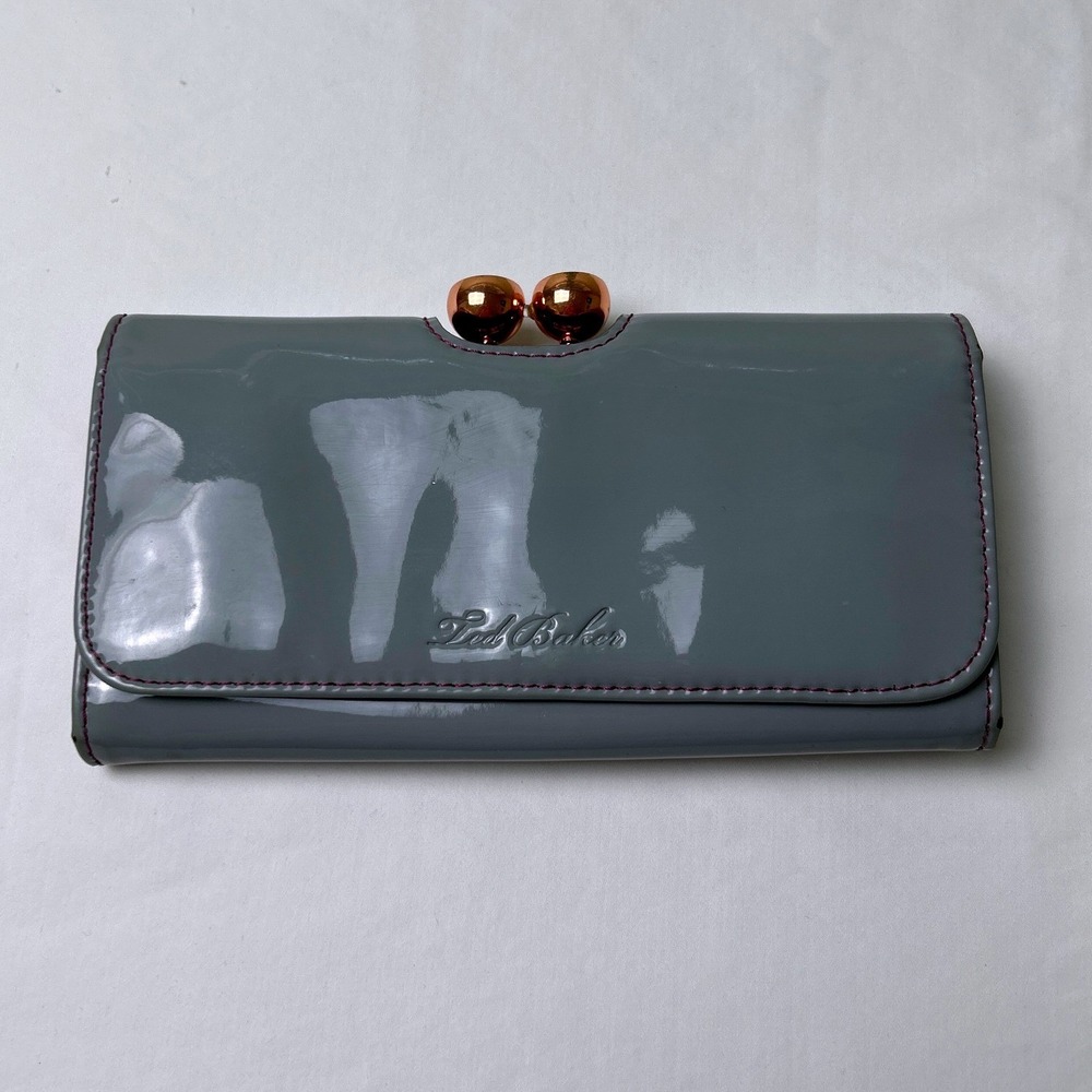 Ted Baker Womens Patent Leather Bobble Clasp Matinee Wallet OS Grey Chic Classic